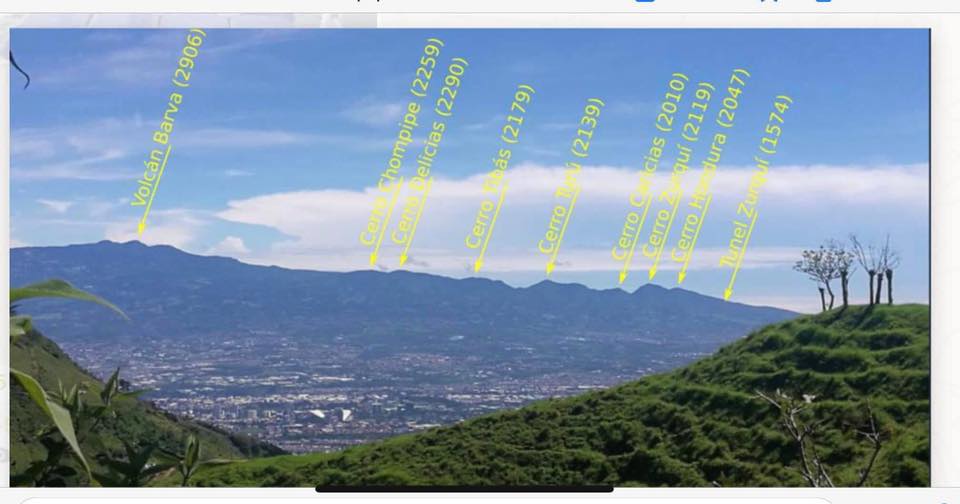 Panorama del macizo de Barva con los picos volcánicos etiquetados, incluyendo el Cerro Zurquí